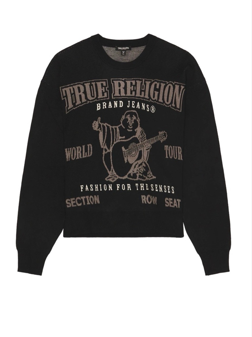 True Religion Black Crewneck Sweater with Taupe Graphic Logo
